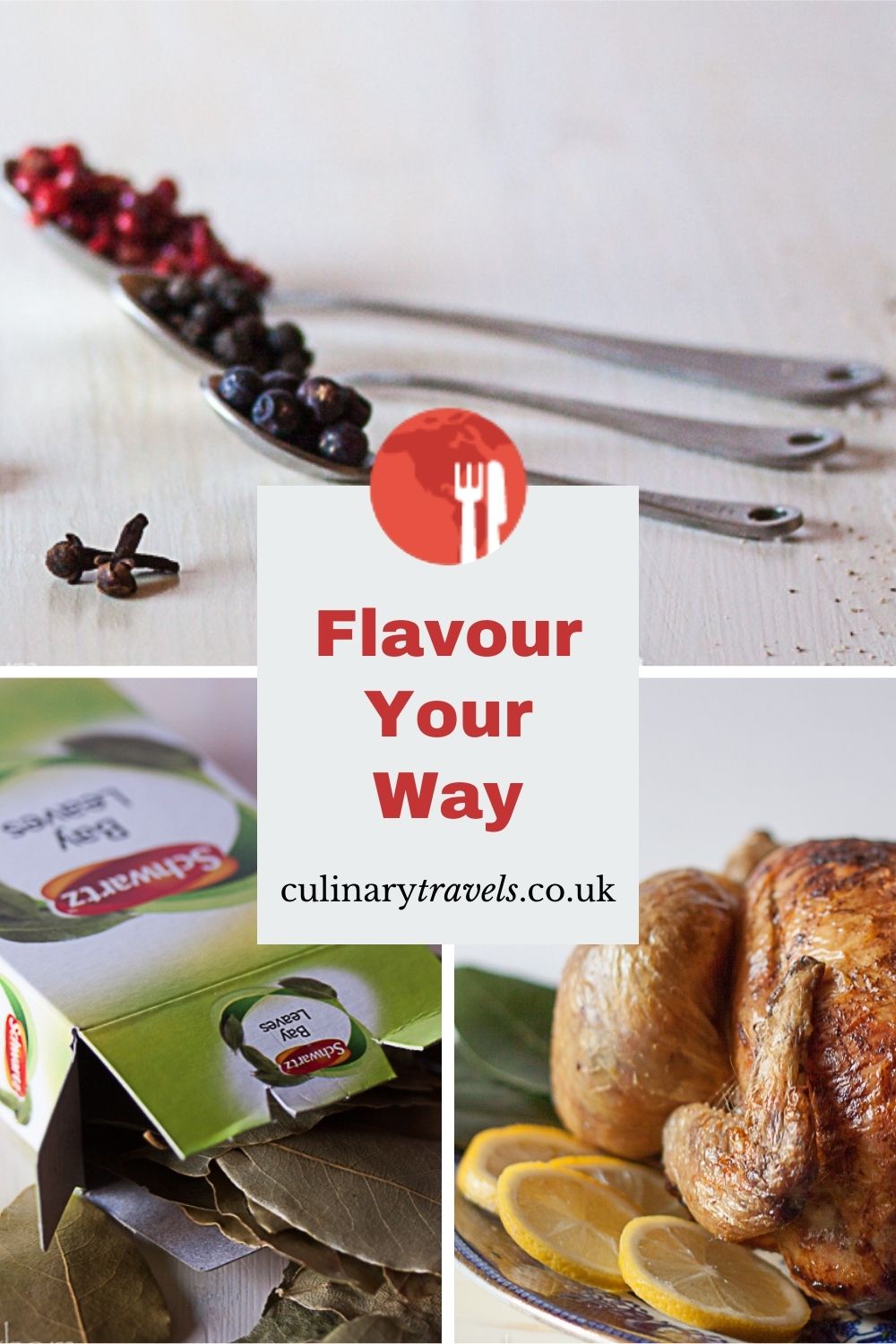 Cooking with herbs and spices guide featuring roast chicken with lemon and bay leaves, peppercorns in spoons and Schwartz oregano, with the text “Flavour Your Way” and culinarytravels.co.uk.